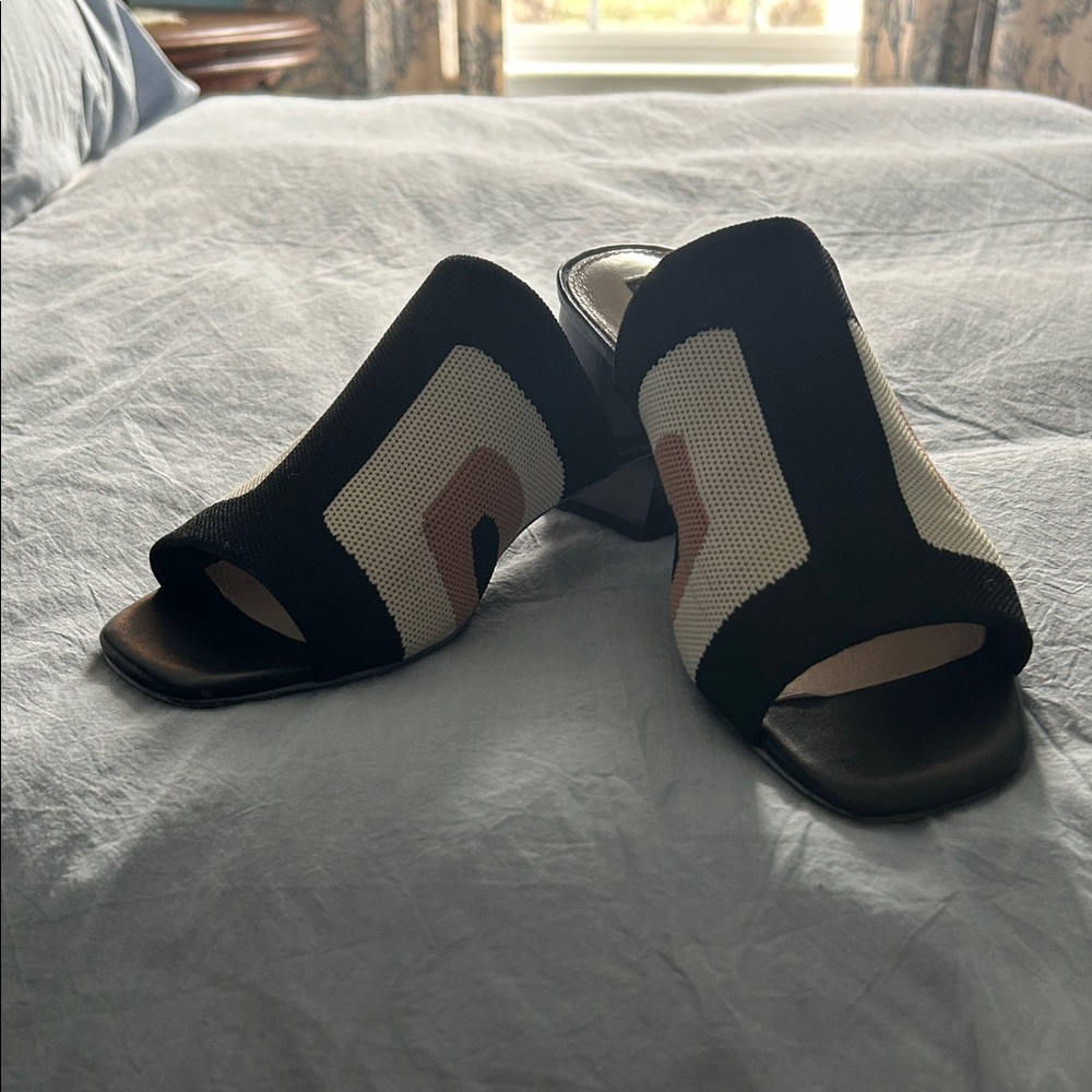 Sanctuary Colorblock Open-Toe Knit Mules in Black, White & Tan